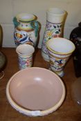 LARGE POOLE POTTERY DISH, TWO POOLE VASES AND TWO MAJOLICA VASES