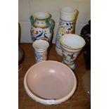 LARGE POOLE POTTERY DISH, TWO POOLE VASES AND TWO MAJOLICA VASES