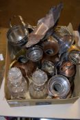 BOX CONTAINING TWO CUT GLASS DECANTERS AND VARIOUS METAL ITEMS