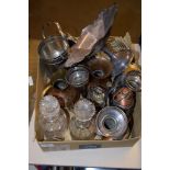 BOX CONTAINING TWO CUT GLASS DECANTERS AND VARIOUS METAL ITEMS