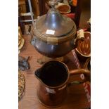 LARGE COPPER WATER JUG AND METAL URN WITH WOODEN HANDLES