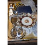 PLATED WARE CANDLESTICK, TRAY WITH PLATED WARE ITEMS AND FLATWARES