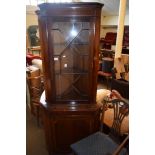 REPRODUCTION MAHOGANY GLAZED TOP FULL HEIGHT CORNER CUPBOARD WITH INLAID BASE, 183CM HIGH