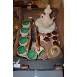 BOX CONTAINING WOODEN ITEMS AND BRASS MIDDLE EASTERN STYLE COFFEE POT