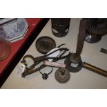 VARIOUS METAL IMPLEMENTS INCLUDING EMBER TONGS FOR LIGHTING A PIPE, BLACKSMITH MADE, A BELL WITH