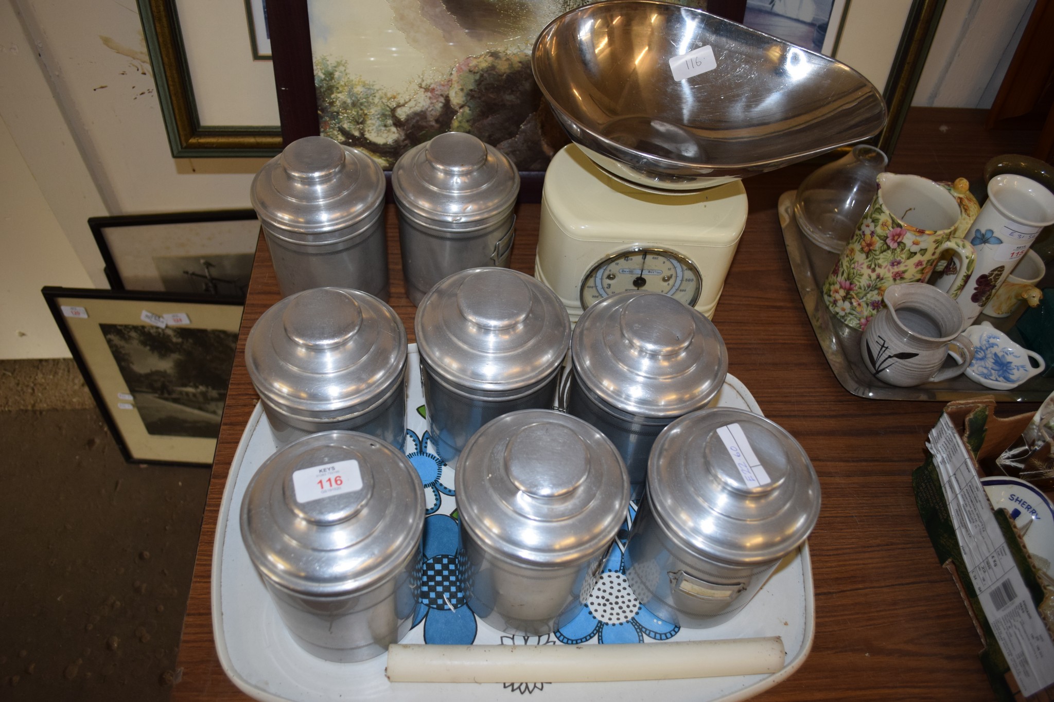 SALTER SET OF SCALES AND QUANTITY OF ALUMINIUM STORAGE JARS AND COVERS