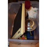 PLASTIC BOX CONTAINING CHILDREN’S TOYS AND PLATED TEA POT