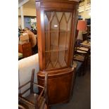 REPRODUCTION YEW EFFECT FULL HEIGHT CORNER CUPBOARD WITH GLAZED TOP, 180CM HIGH