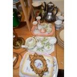 CERAMIC ITEMS, MAINLY DRESSING TABLE SETS COMPRISING TWO VASES AND SMALL POTS WITH COVERS, ALSO