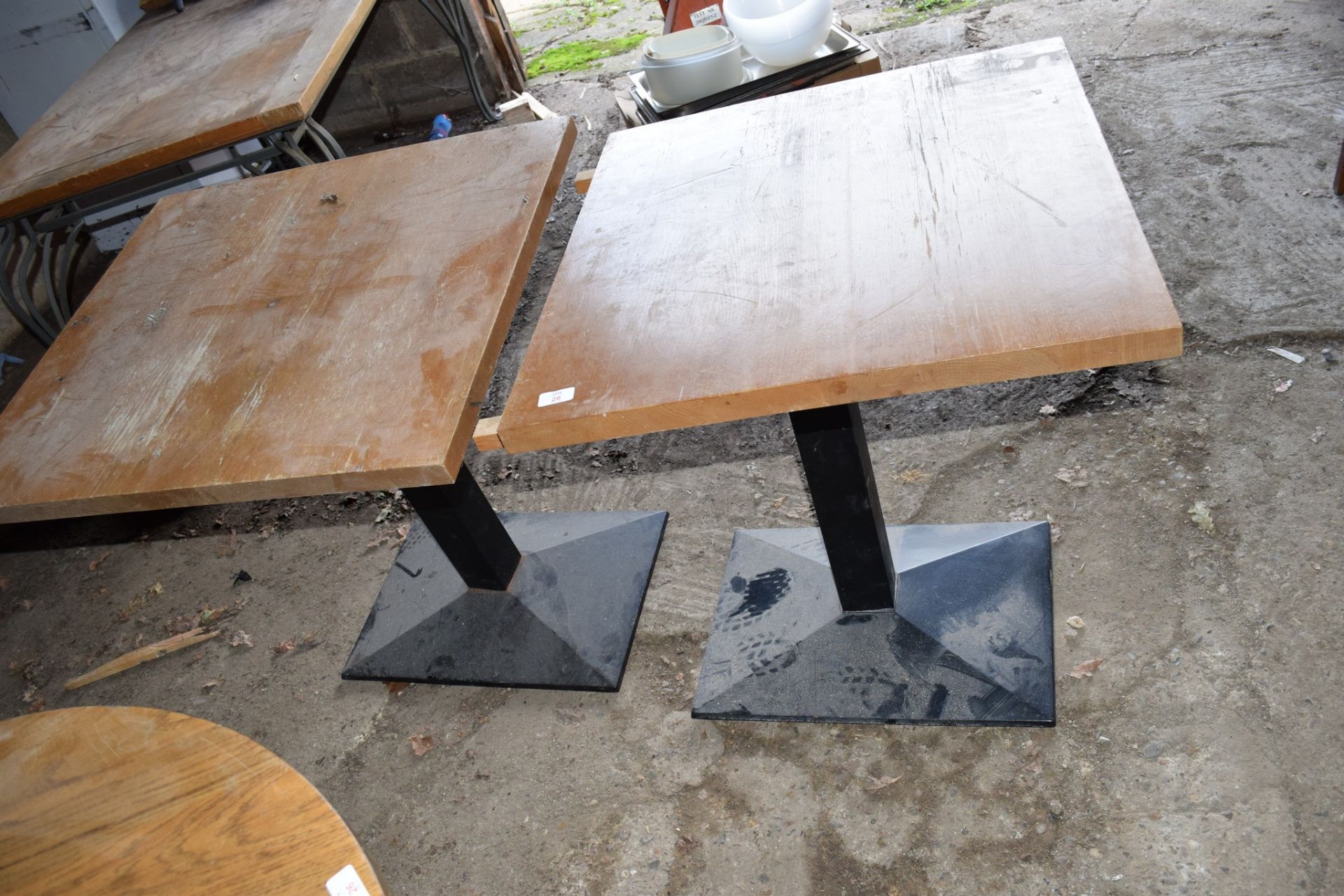 Pair of matching square Bar or Restaurant Tables, with square metal column supports.