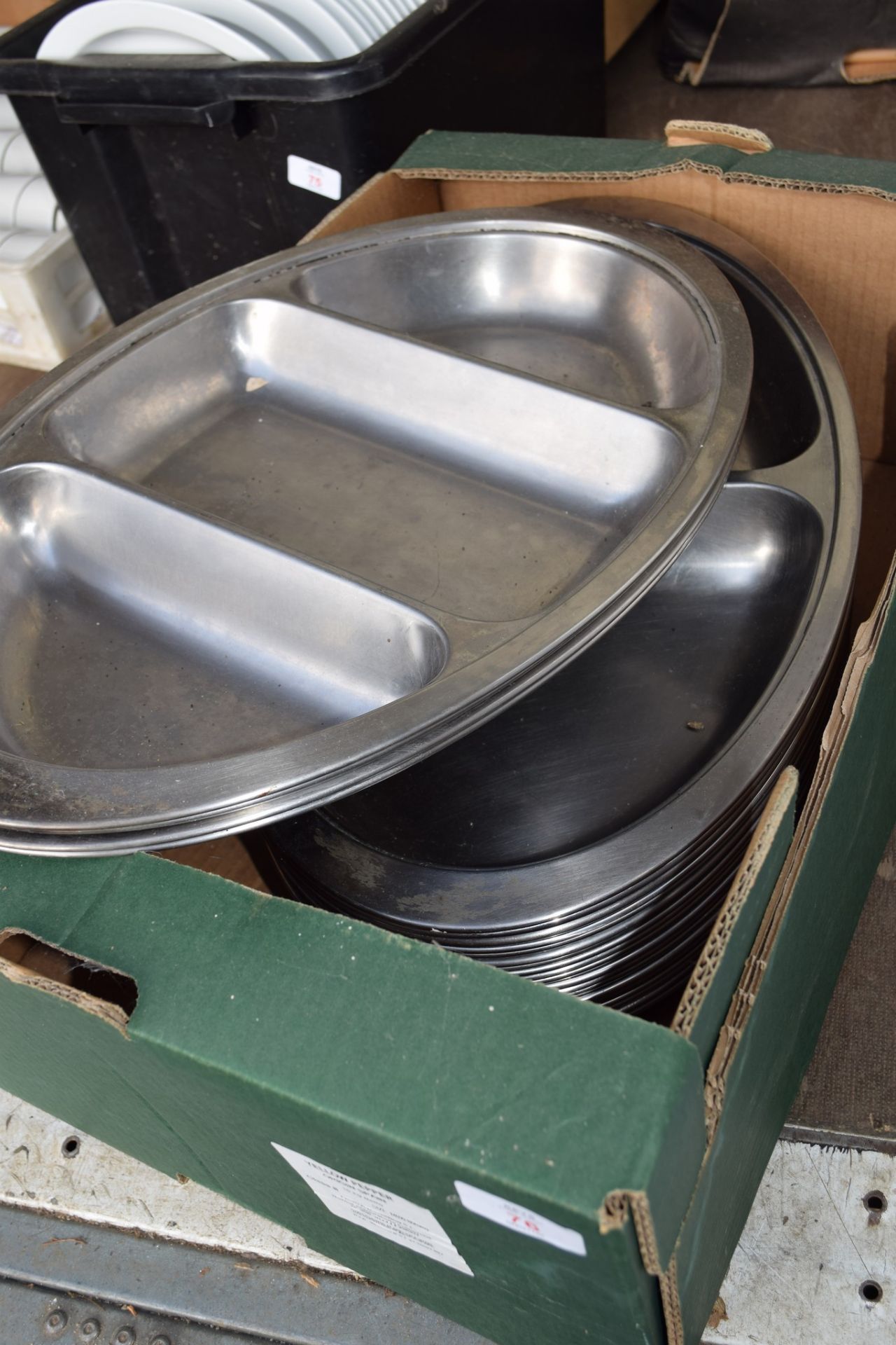 Box: lge qty (approx 20) two-division stainless steel Vegetable Dishes, together with approx 4