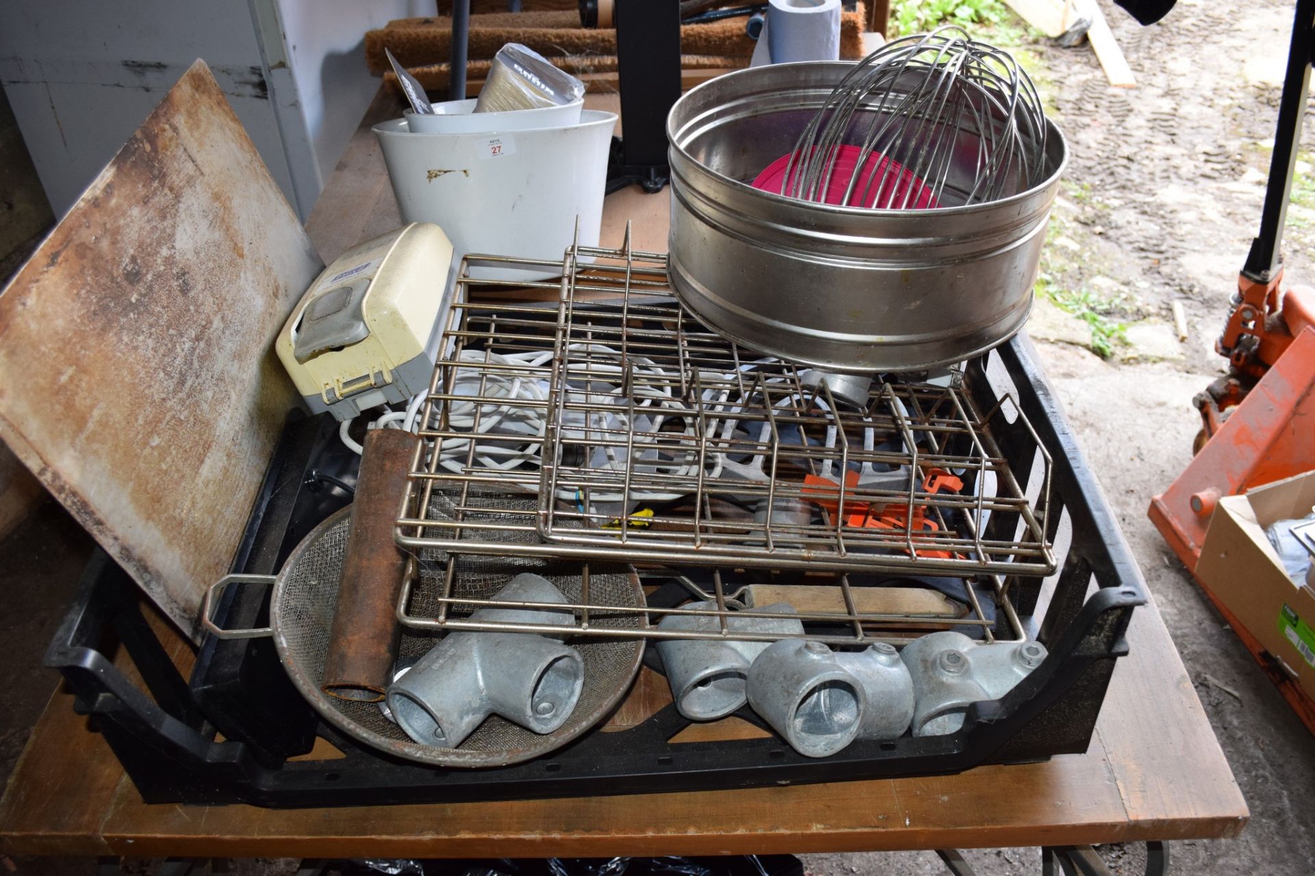 Crate: qty various Kitchen Sundries, including Mixer Whisk attachment, Sieve, etc.