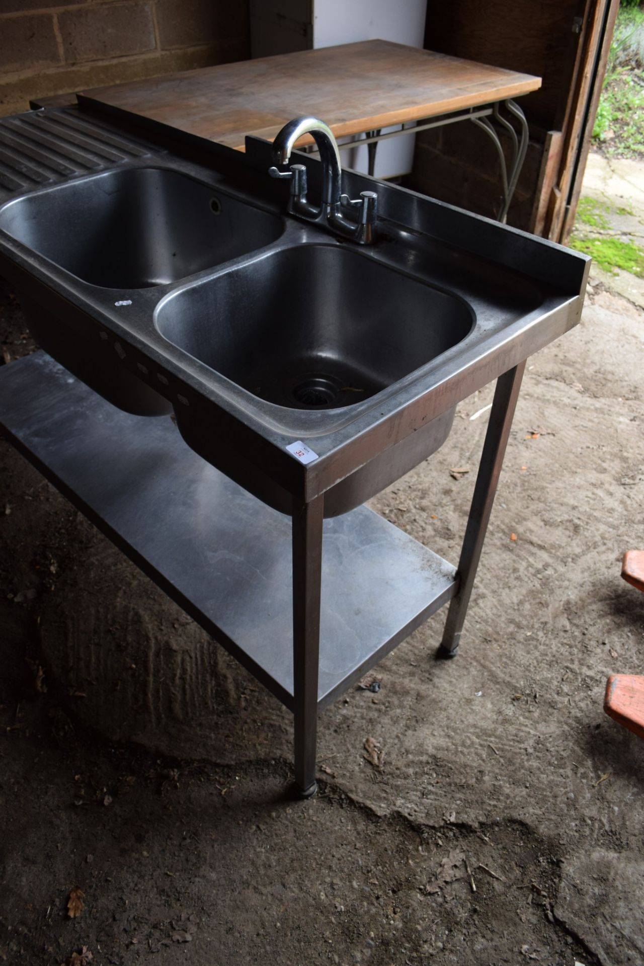 Large stainless steel double Sink, on stand with single drainer to left. - Image 2 of 4