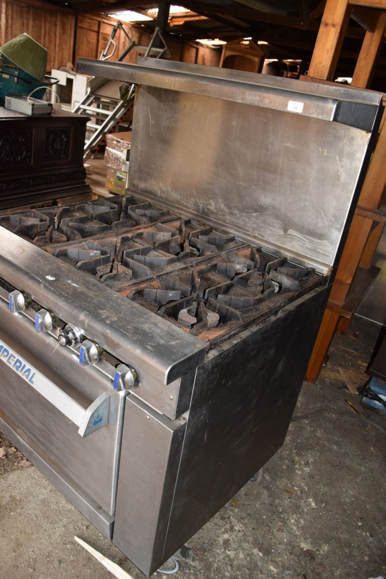 Imperial six-burner Gas Range, with oven beneath and stainless steel splashback and pot shelf - Image 4 of 5