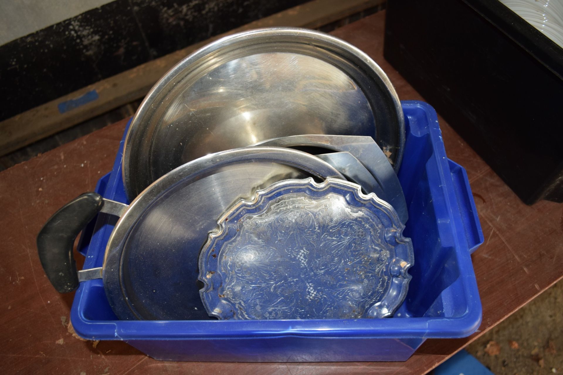 Crate: various Stainless Steel Serving Platters.