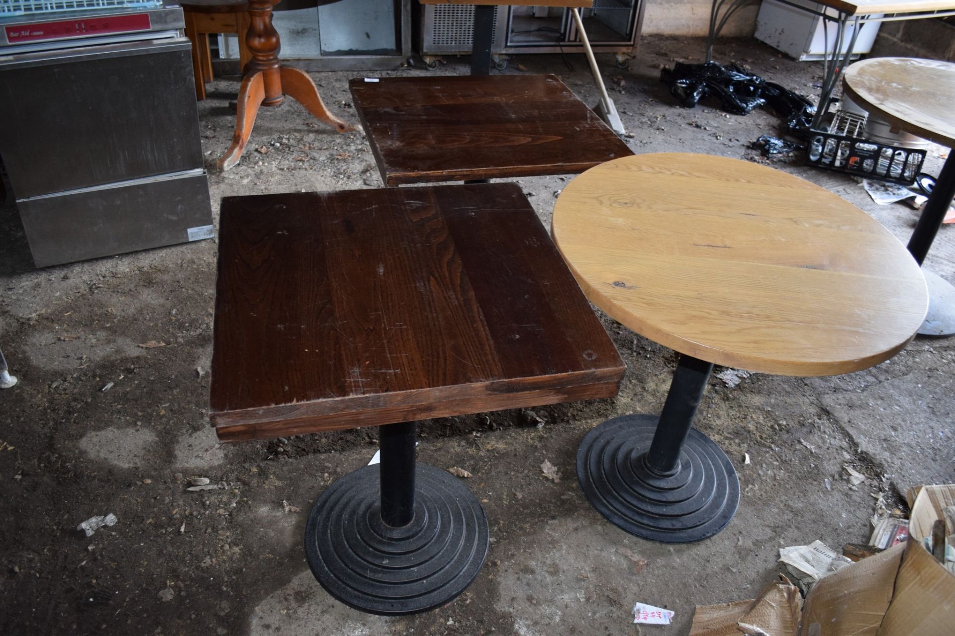 Three Bar or Bistro tables (two square and one circular), with matching metal column supports. - Image 4 of 4