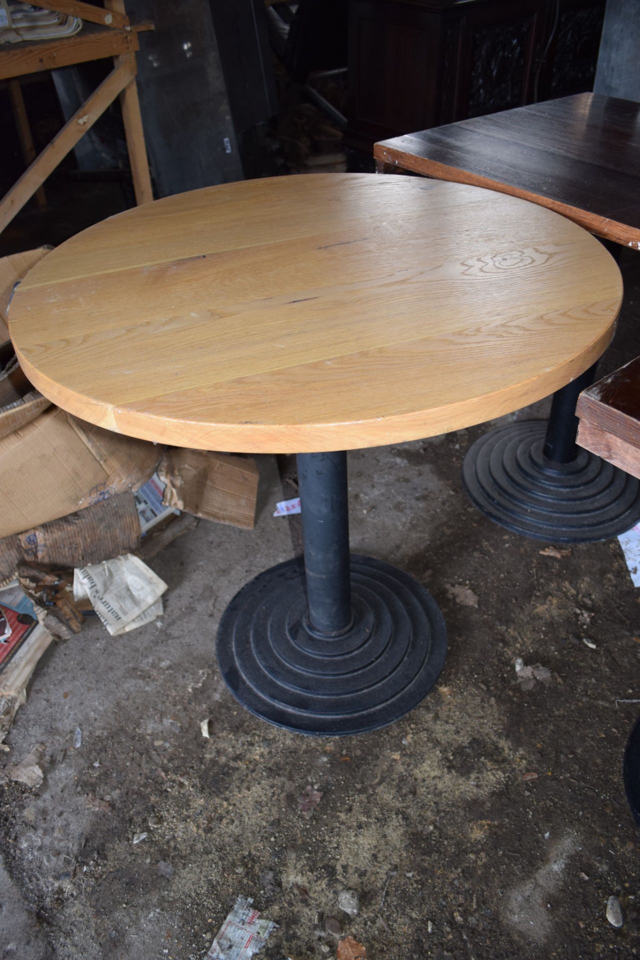 Three Bar or Bistro tables (two square and one circular), with matching metal column supports. - Image 3 of 4