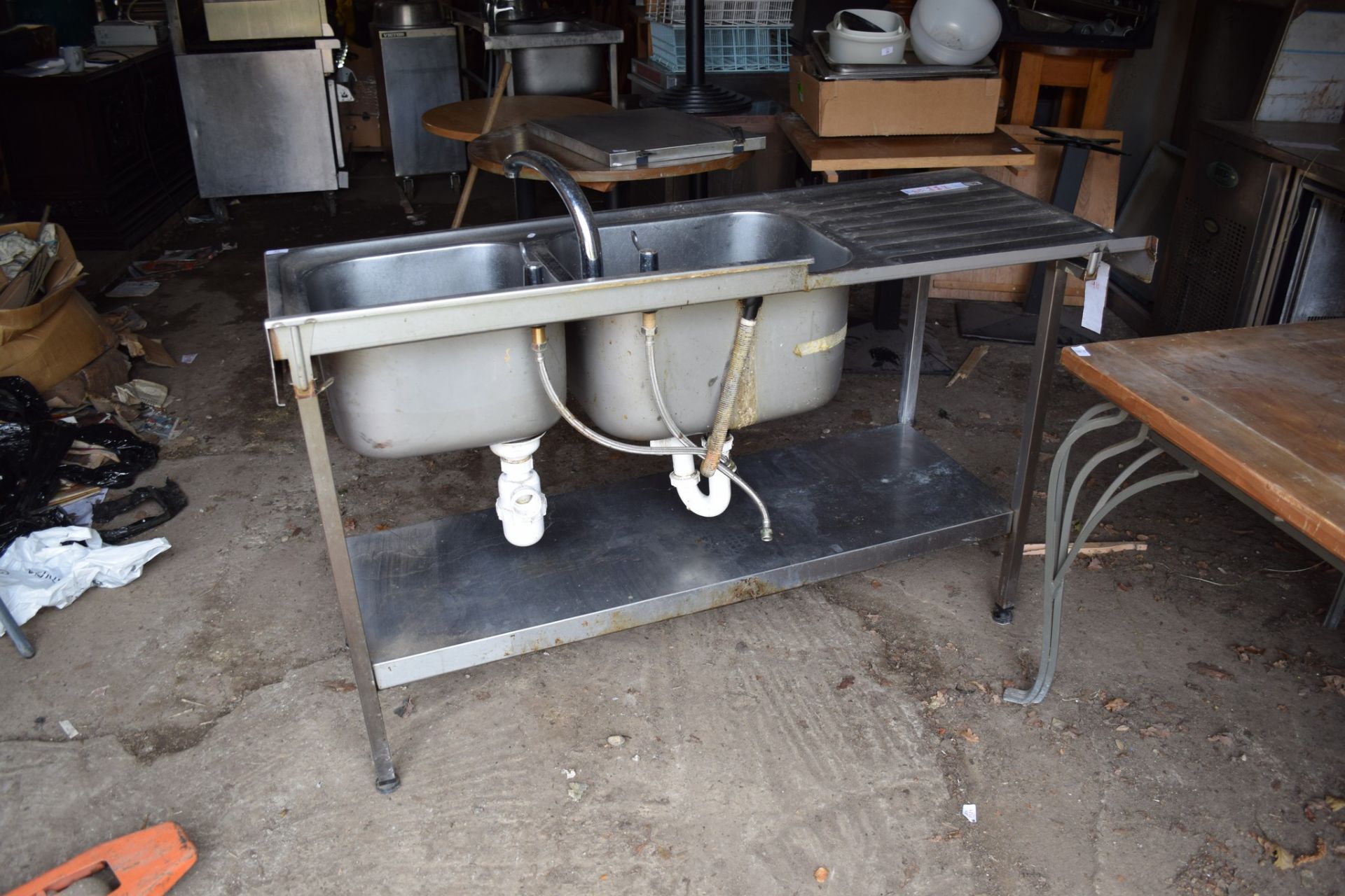 Large stainless steel double Sink, on stand with single drainer to left. - Image 3 of 4