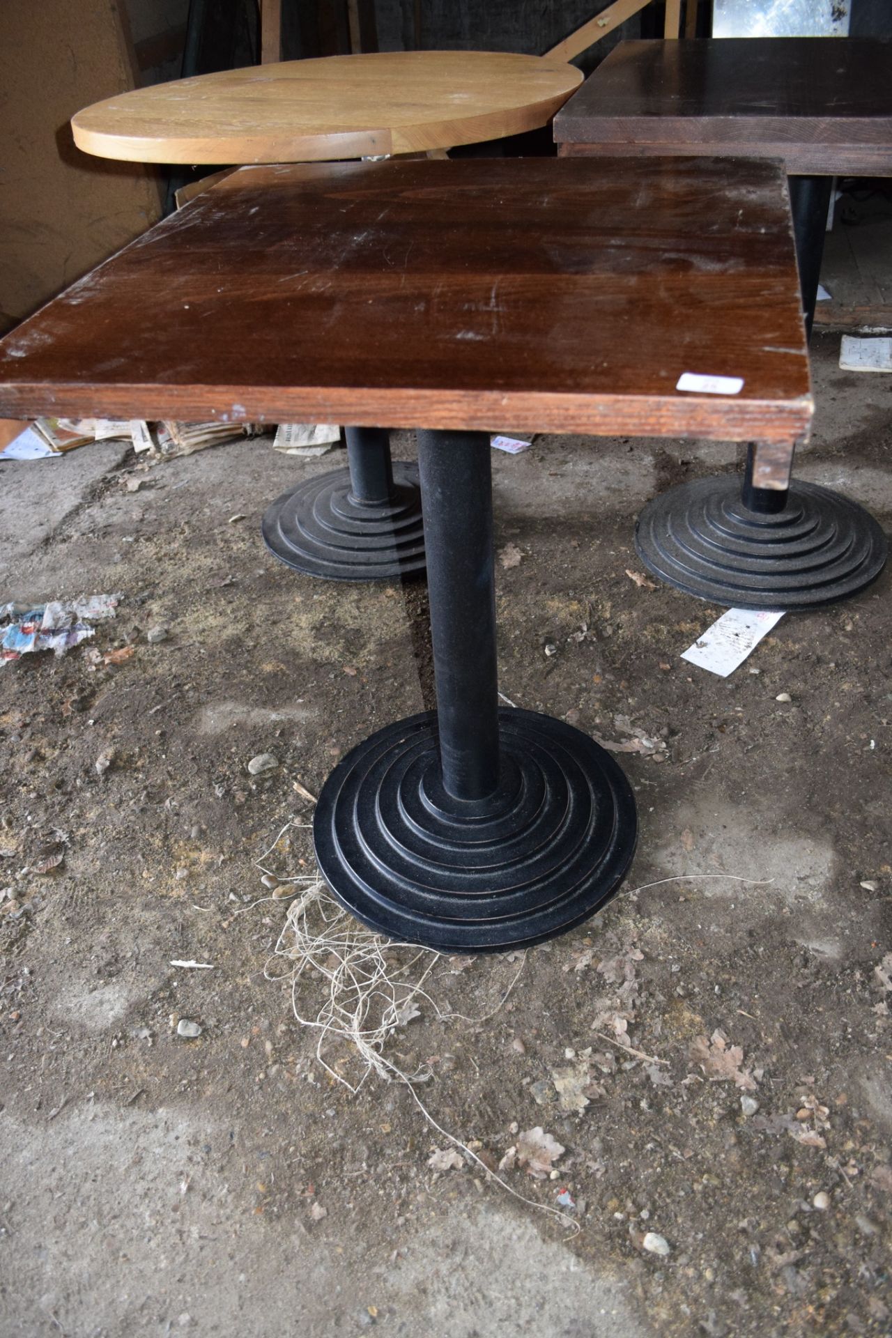 Three Bar or Bistro tables (two square and one circular), with matching metal column supports. - Image 2 of 4