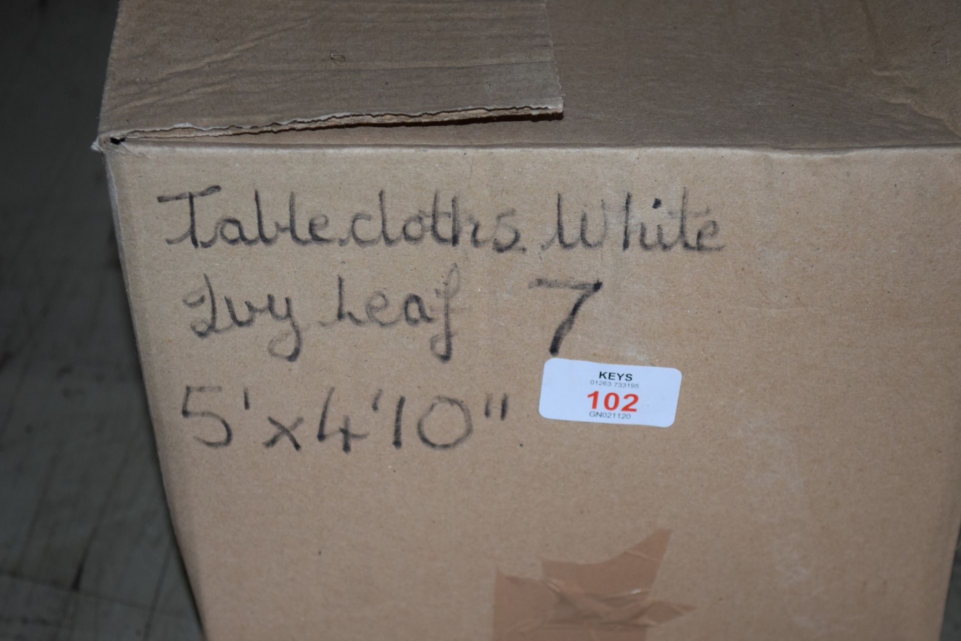 Box: 7 white ivy leaf Table Cloths, each approx 5' x 4'10