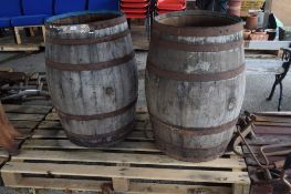 TWO VINTAGE COOPERED BARRELS, EACH APPROX 98CM