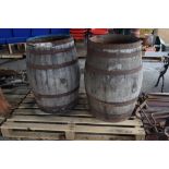 TWO VINTAGE COOPERED BARRELS, EACH APPROX 98CM
