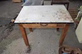 OLD PINE KITCHEN TABLE WITH DRAWER BENEATH AND TIN TOP