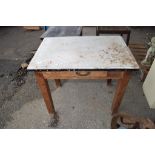 OLD PINE KITCHEN TABLE WITH DRAWER BENEATH AND TIN TOP