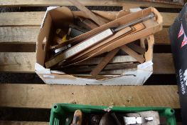 BOX CONTAINING QUANTITY OF VARIOUS VINTAGE RULERS, SLIDE RULES ETC