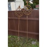 PAIR OF DECORATIVE GARDEN ORNAMENTS FORMED AS BALLS ON STICKS, EACH APPROX 155CM