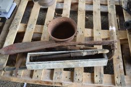 BALE KNIFE TOGETHER WITH A GALVANISED DRINKER ETC