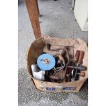 BOX CONTAINING WOODEN HANDLED BRACES, HAND DRILLS ETC