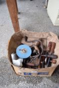 BOX CONTAINING WOODEN HANDLED BRACES, HAND DRILLS ETC