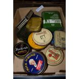 BOX CONTAINING OLD TOBACCO TINS