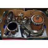 BOX CONTAINING VARIOUS PLATED WARES INCLUDING A BISCUIT BARREL WITH HORSE FINIAL