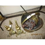 BRASS COAL BUCKET, WARMING PAN, PAIR OF ANDIRONS ETC