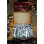 TWO BOXES OF PLATED CUTLERY, FISH KNIVES AND FORKS ETC