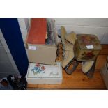 SMALL BOXED SEWING MACHINE WITH VARIOUS BOBBINS ETC AND A PAIR OF SKATING SHOES