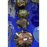 CARNIVAL GLASS DISHES, MAINLY GREEN OR SILVER COLOUR