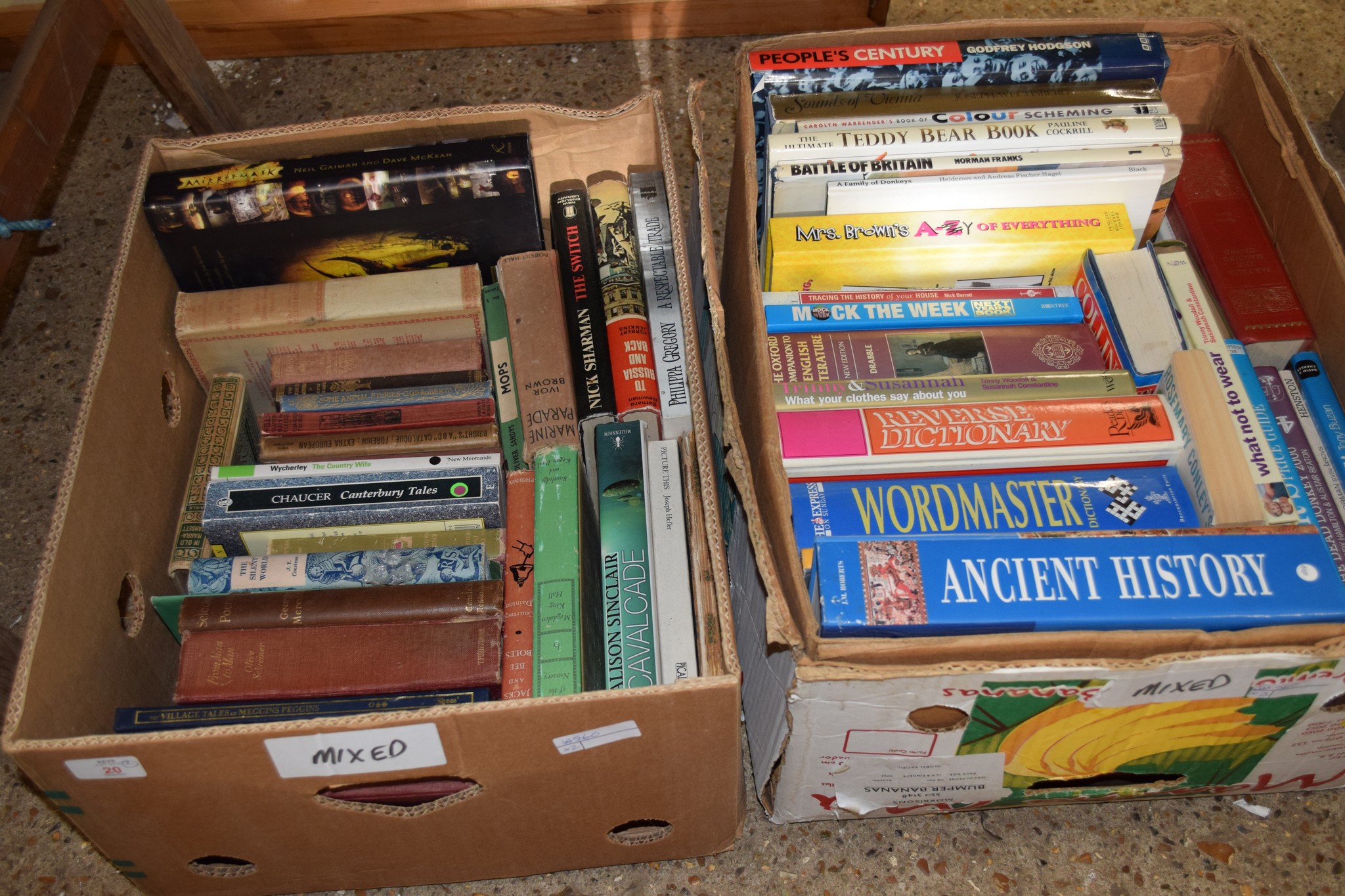TWO BOXES OF BOOKS, VARIOUS REFERENCE BOOKS AND NOVELS