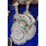 CERAMICS INCLUDING A LOBED SERVING DISH, PAIR OF CANDLESTICKS ETC