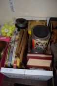 BOX CONTAINING VARIOUS TINS, PICTURES AND BOOKS