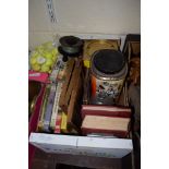 BOX CONTAINING VARIOUS TINS, PICTURES AND BOOKS