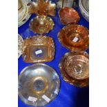 GROUP OF CARNIVAL GLASS, MAINLY MANDARIN DECORATION, SOME WITH WINDMILLS