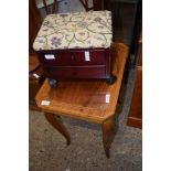 ITALIAN REPRODUCTION WORK TABLE AND A SMALL MODERN FOOT STOOL FITTED WITH TWO DRAWERS, 52 AND 30CM
