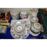 GROUP OF POOLE WARES INCLUDING TWO BISCUIT BARRELS WITH WICKER HANDLES