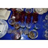 GLASS WARES, CRANBERRY COLOURED WINE GLASSES AND DECANTER