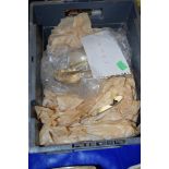 PLASTIC BOX CONTAINING VARIOUS PLATED WARES, FISH KNIVES ETC
