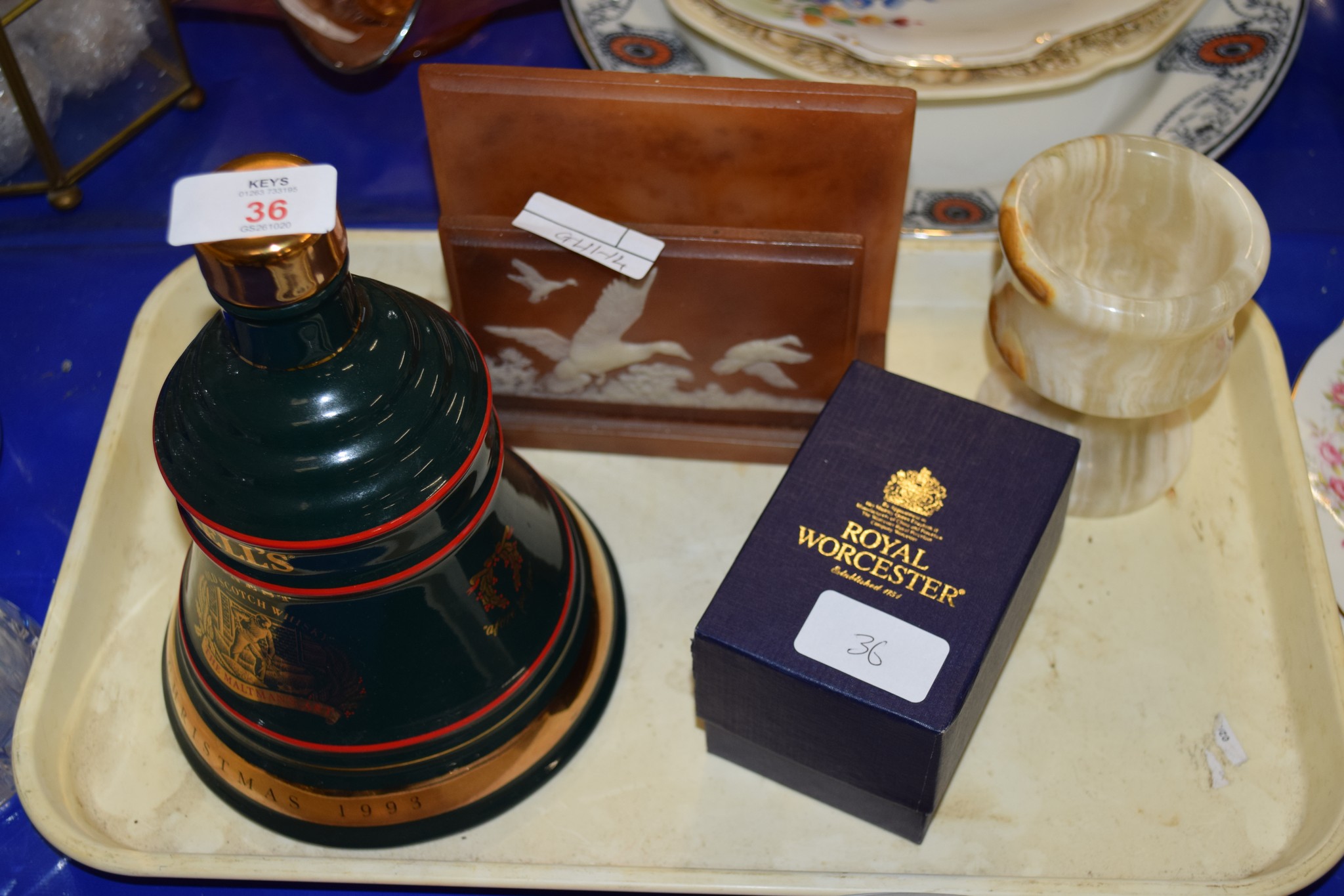 BELLS WHISKY BELL AND A ROYAL WORCESTER EGG CODDLER ON TRAY AND OTHER ITEMS