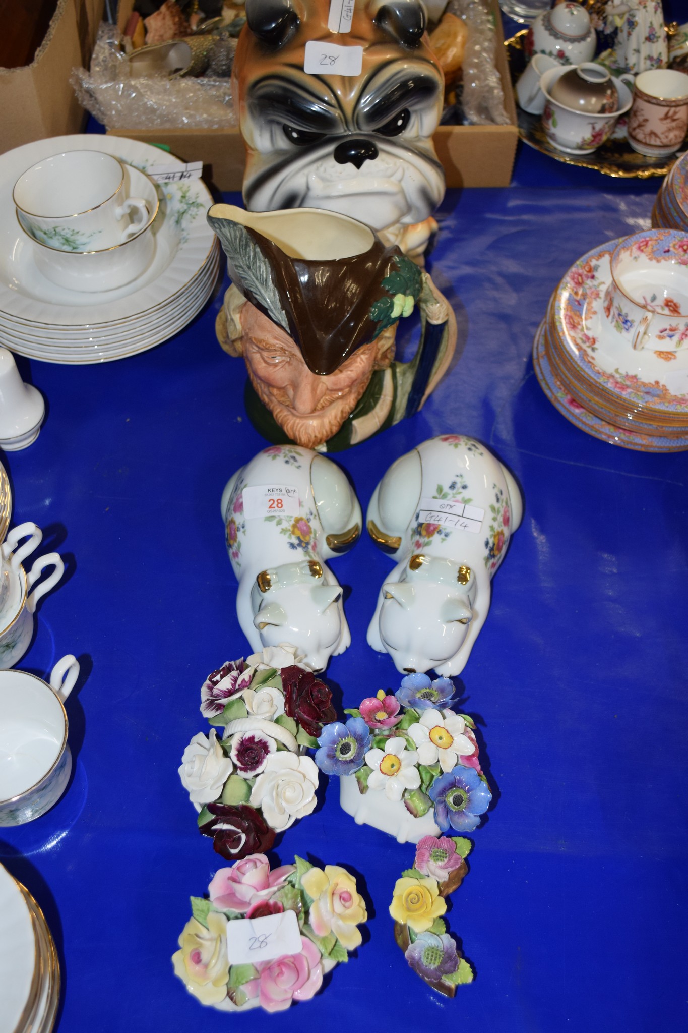 CERAMICS INCLUDING VASES AND FLOWERS BY ROYAL STAFFORD AND A ROYAL DOULTON TOBY JUG OF ROBIN HOOD